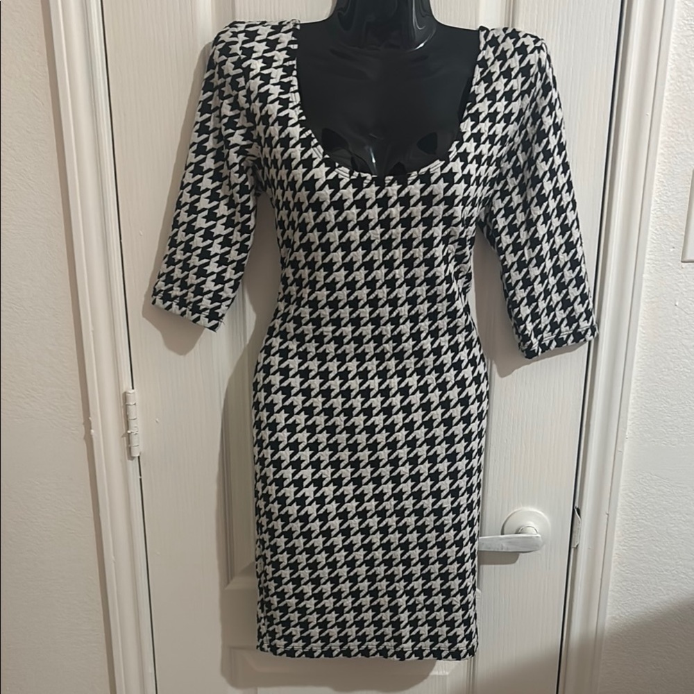 Elegant Black and White Houndstooth Dress